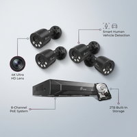 4K Ultra HD 8-Channel 8MP Poe 2TB NVR Security Camera System with 8-Wired Poe IP Cameras, Smart Human Vehicle Detection — infographic