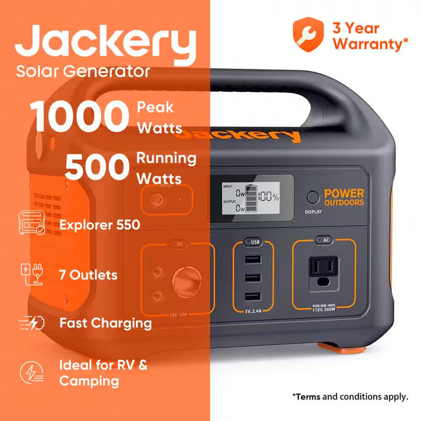 500-Watt Continuous/100-Watt Peak Output Power Station Explorer 550 Push Button Start Battery Generator for Outdoors